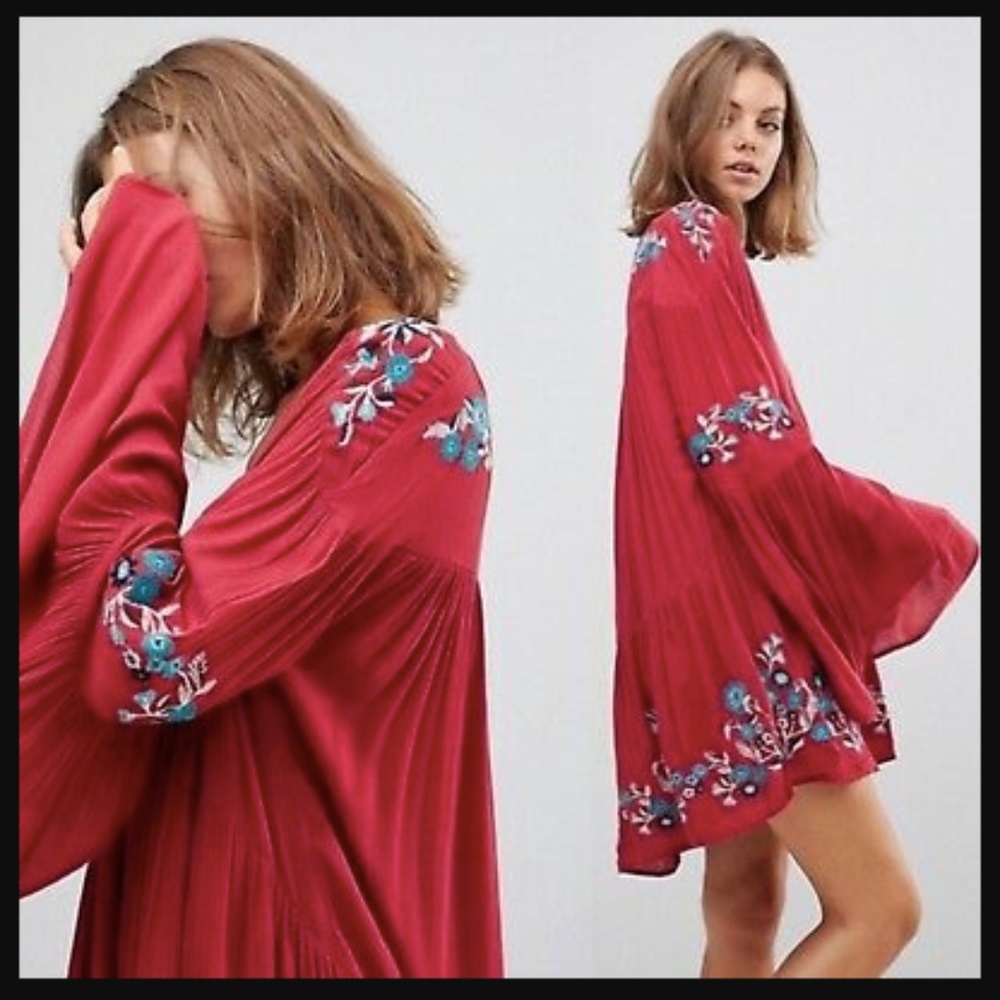 Free People Te Amo Red Peasant Mini Dress Bell Slv - Picture 3 of 8
